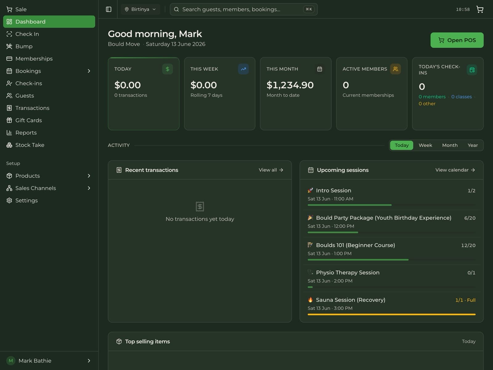 Cultcha dashboard showing revenue, active members, and the day’s upcoming sessions
