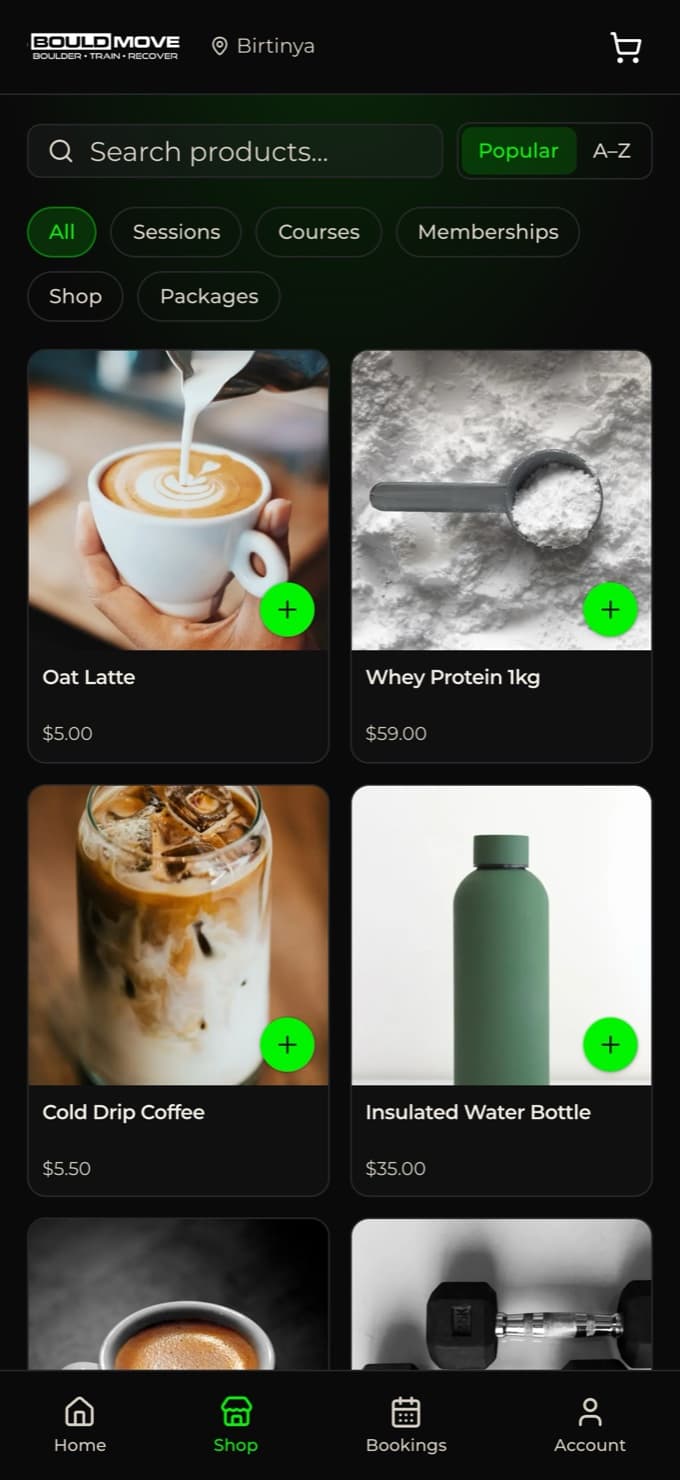 Cultcha branded customer app showing the shop with coffee and gym products