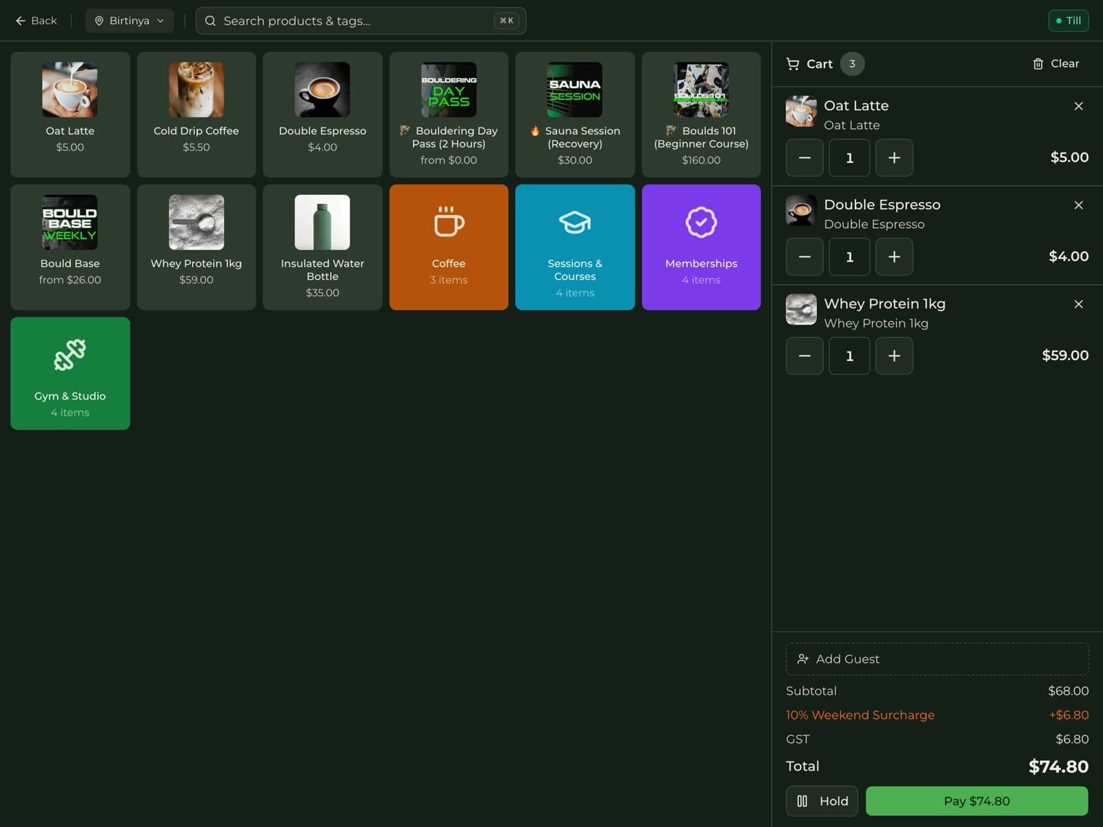 Cultcha point-of-sale screen with coffee, classes, and memberships, and a cart ready to charge